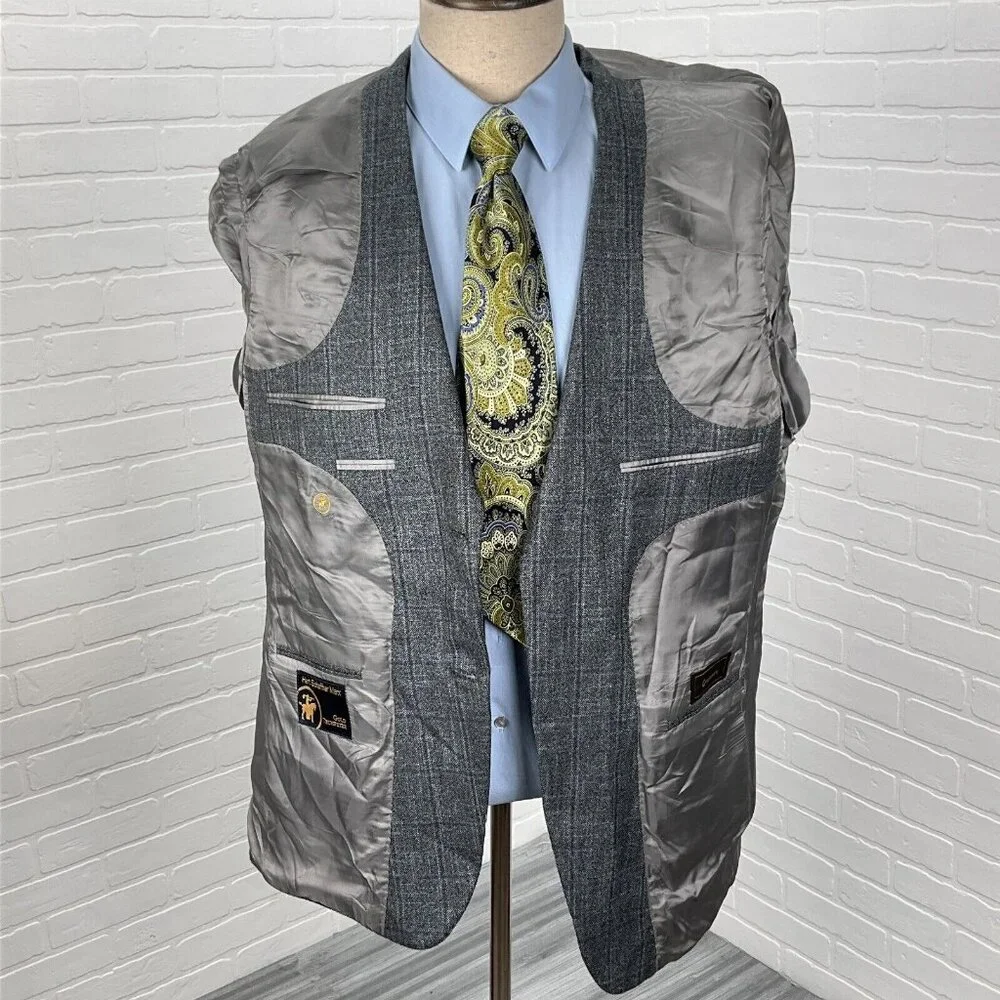 Hart Schaffner Marx Blazer Men 42R Gray Blue Plaid‎ Gold Trumpeter Carlanda USA